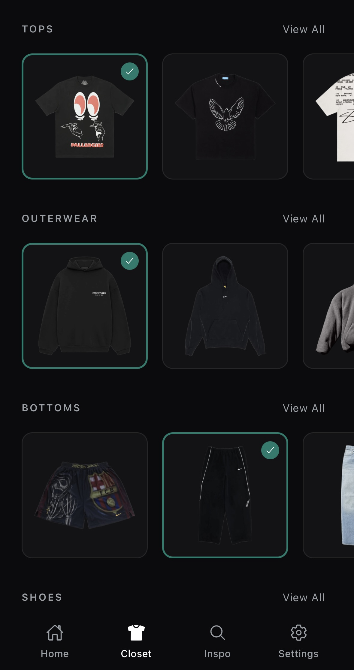 Closet grid organized by category